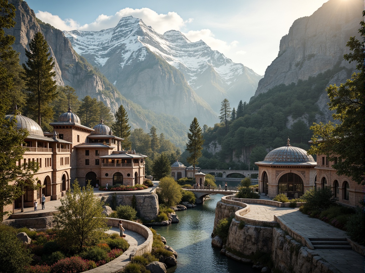 Prompt: Snow-capped mountains, rugged terrain, meandering stone paths, ornate Byzantine-style buildings, grand arches, intricate mosaics, vibrant tile work, ornamental fountains, lush greenery, towering conifers, rustic wooden bridges, natural rock formations, steep cliffs, misty atmosphere, warm golden lighting, shallow depth of field, 1/1 composition, realistic textures, ambient occlusion.