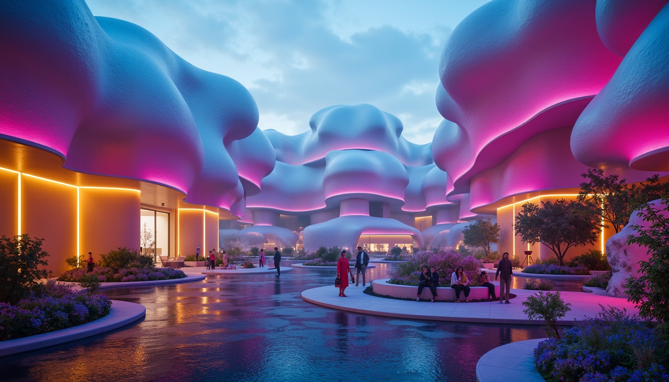 Prompt: Vibrant blob-shaped buildings, bold color blocking, high-contrast hues, neon-lit accents, iridescent materials, reflective surfaces, futuristic architecture, curved lines, organic forms, glowing ambient lighting, 3D modeling, abstract compositions, dreamlike atmosphere, surreal landscapes, misty foggy mornings, soft focus, shallow depth of field.