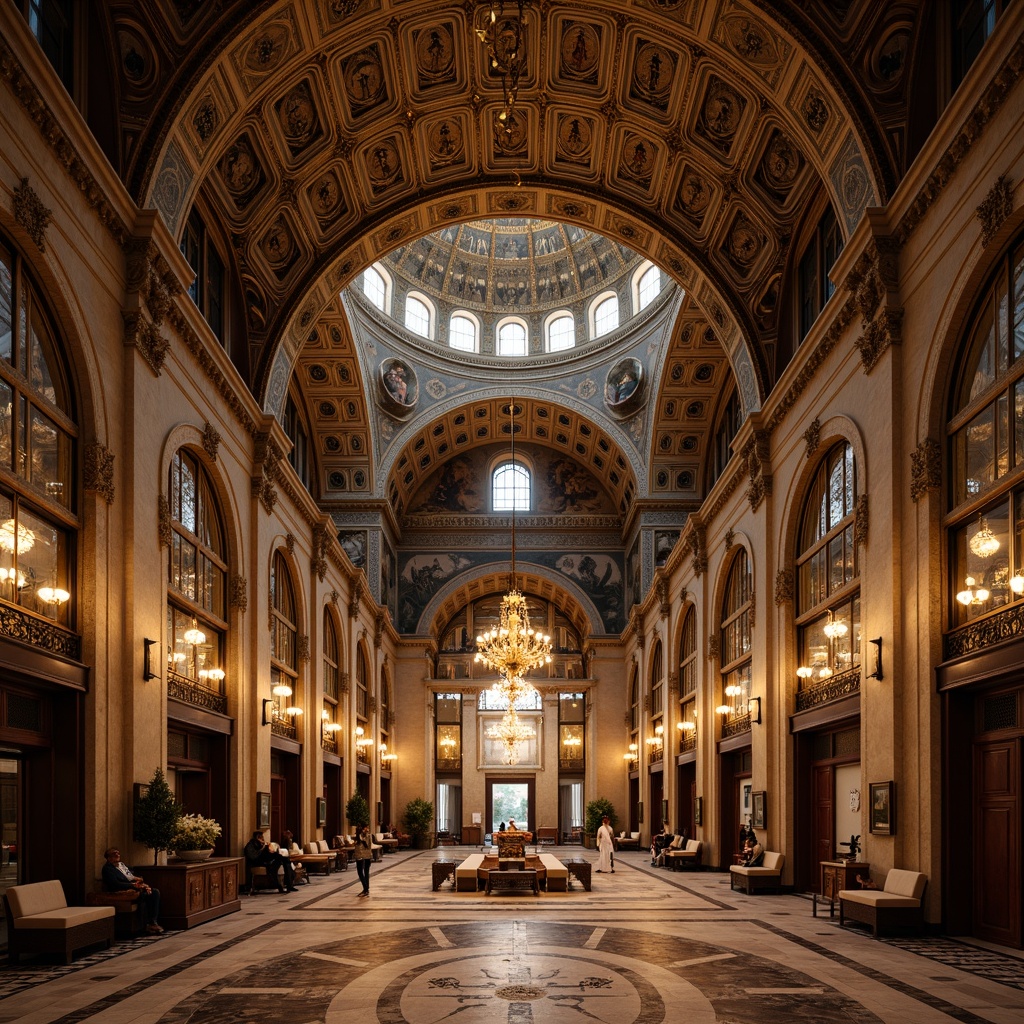 Prompt: Majestic Byzantine arches, ornate carvings, golden mosaics, grand dome structures, intricately patterned marble floors, opulent chandeliers, lavish furnishings, richly textured fabrics, warm ambient lighting, soft focus blur, 1/2 composition, symmetrical framing, high contrast ratio, dramatic shadows, mystical atmosphere.