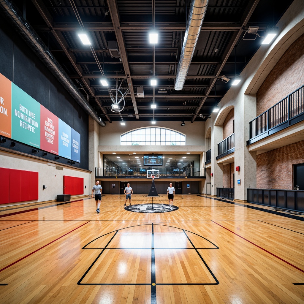 Prompt: Modern gymnasium interior, polished wooden flooring, motivational quotes, vibrant accent walls, high-gloss basketball courts, suspended LED lighting, sleek metal railings, durable rubber sports flooring, textured concrete columns, industrial-chic exposed ductwork, natural stone feature walls, reclaimed wood accents, dynamic color schemes, energetic atmosphere, shallow depth of field, 1/2 composition, realistic textures, ambient occlusion.