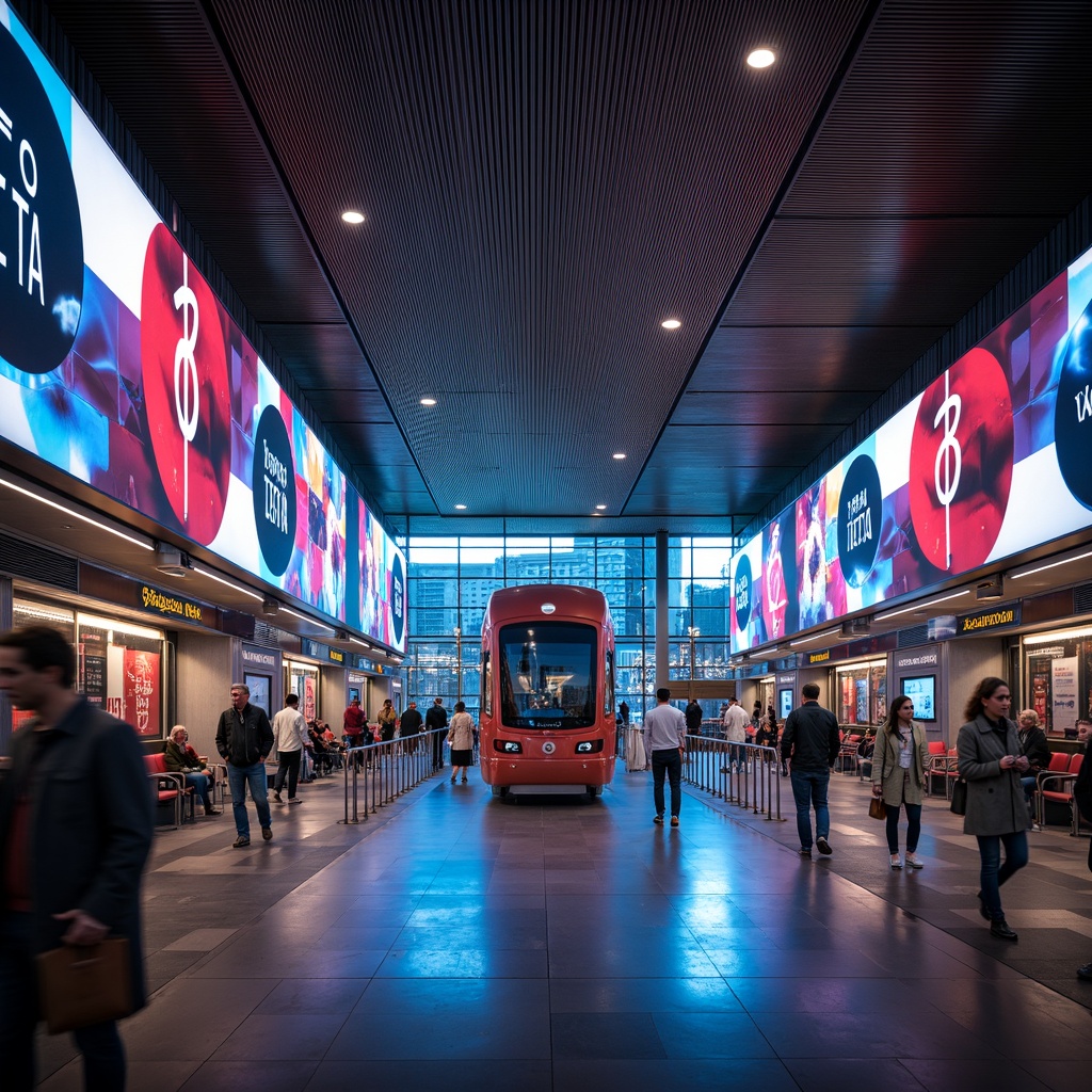 Prompt: Vibrant metropolitan atmosphere, bustling transportation terminals, sleek modern architecture, neon-lit signage, dynamic LED displays, futuristic ticketing systems, stainless steel fixtures, polished marble floors, bold graphic patterns, urban cityscapes, morning rush hour, soft warm lighting, shallow depth of field, 1/2 composition, panoramic view, realistic textures, ambient occlusion.