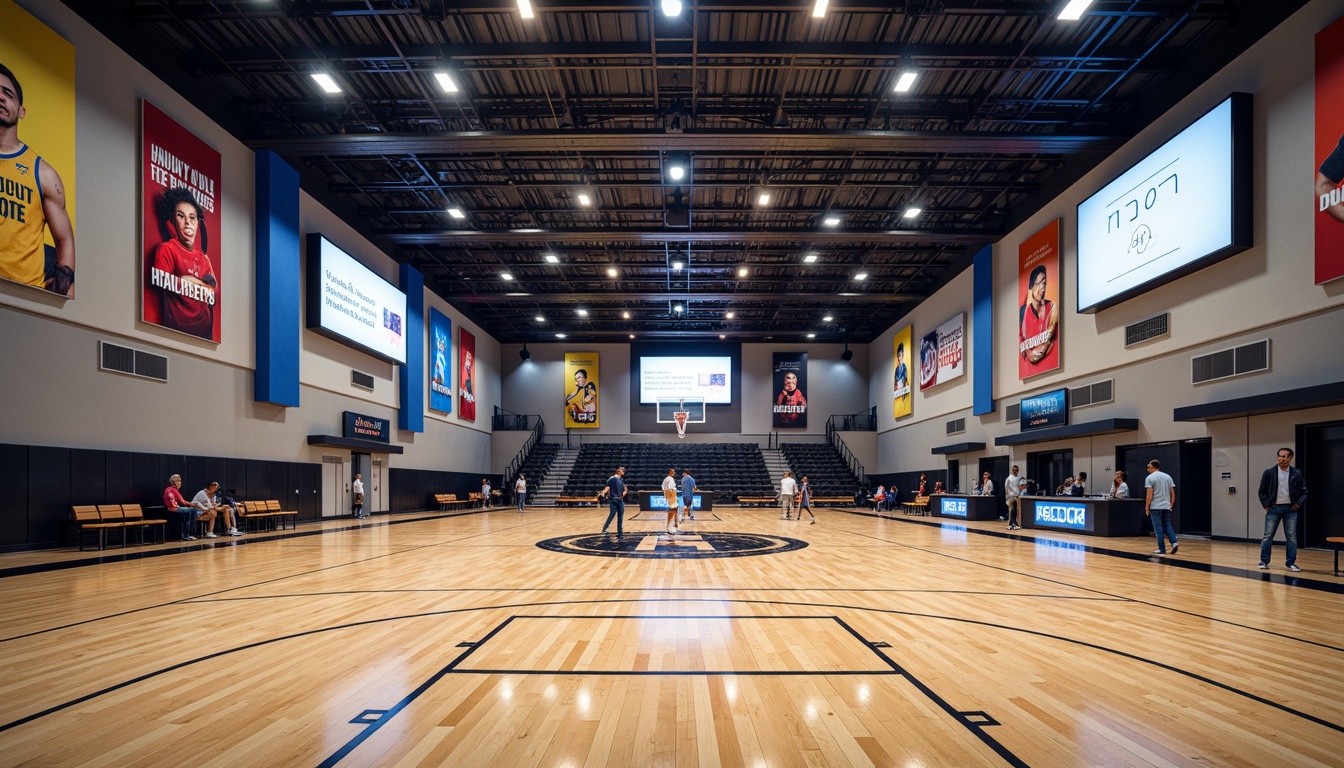 Prompt: Modern gymnasium interior, polished wooden floors, basketball court lines, sports-themed murals, motivational quotes, inspirational athlete portraits, LED scoreboard displays, dynamic color-changing lighting, suspended acoustic panels, sound-absorbing materials, rubberized flooring, mirrored walls, sleek metal beams, minimalist seating areas, vibrant team color schemes, energetic ambient atmosphere, shallow depth of field, 1/2 composition, realistic textures, subtle reflections.