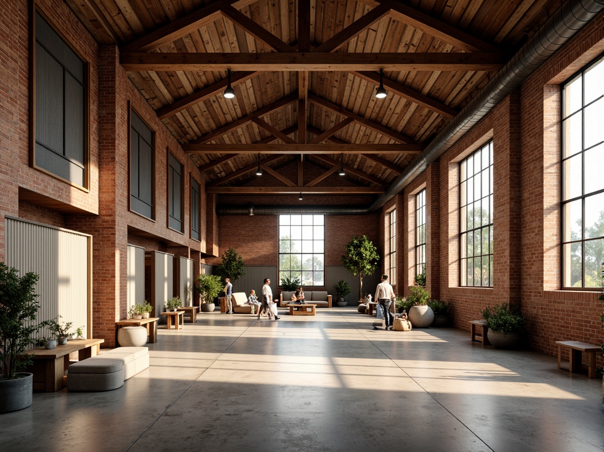 Prompt: Exquisite warehouse, rustic brick walls, wooden beam ceilings, metal trusses, exposed ductwork, industrial-style lighting, polished concrete floors, reclaimed wood accents, vintage factory windows, corrugated metal cladding, distressed finishes, earthy color palette, natural textures, subtle ornate details, grand scale, high ceiling, abundant natural light, soft warm glow, shallow depth of field, 2/3 composition, realistic rendering.