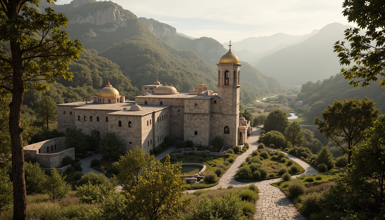 Prompt: Majestic Byzantine monastery, rugged mountainous terrain, weathered stone walls, ornate architectural details, golden domes, intricate mosaics, lush greenery, Mediterranean pines, olive trees, lavender fields, winding cobblestone paths, ancient stone ruins, mystical foggy atmosphere, warm golden lighting, shallow depth of field, 1/2 composition, cinematic view, realistic textures, ambient occlusion.Please let me know if this meets your expectations!