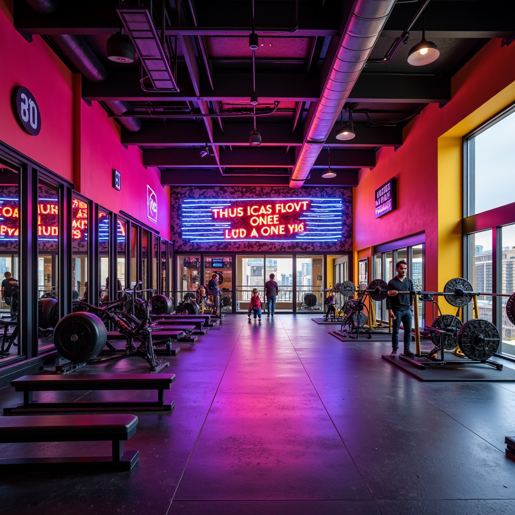 Prompt: Vibrant fitness club interior, bold color scheme, energetic atmosphere, neon lights, motivational quotes, modern exercise equipment, sleek metal frames, rubber flooring, mirrored walls, high ceilings, industrial chic design, urban feel, cityscape views, morning sunlight, softbox lighting, shallow depth of field, 1/2 composition, realistic textures, ambient occlusion.