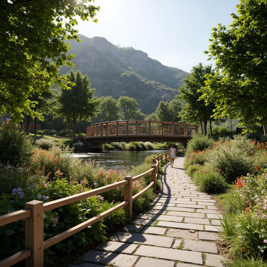 Prompt: Vibrant greenery, blooming flowers, rustic wooden railings, modern steel bridges, winding pedestrian paths, serene water features, gentle stream flows, natural stone pavers, lush vegetation, scenic overlooks, warm sunny day, soft diffused lighting, shallow depth of field, 1/1 composition, realistic textures, ambient occlusion.