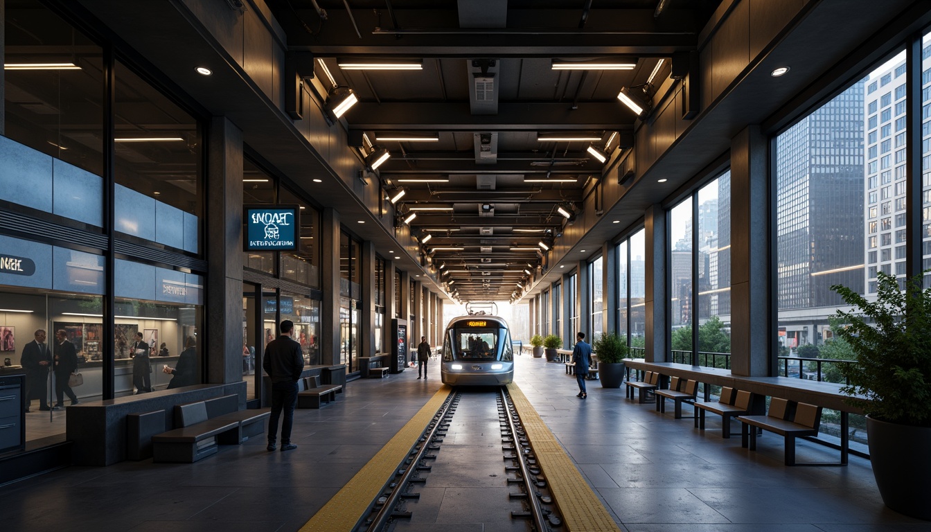 Prompt: Modern tram station, sleek metal beams, industrial-chic atmosphere, bright LED lighting, warm color temperatures, suspended lamps, minimalist design, urban architecture, bustling cityscape, morning rush hour, soft natural light, subtle shadows, 1/1 composition, high-contrast ratio, dramatic ambiance, futuristic feel, motion blur effect.