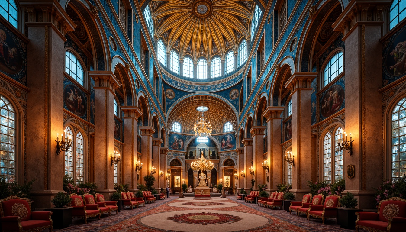 Prompt: Majestic Byzantine cathedral, azure domes, golden accents, intricate mosaics, ornate archways, grandiose columns, lavish frescoes, regal thrones, opulent tapestries, rich velvet fabrics, gemstone-encrusted icons, warm candlelight, soft focus, shallow depth of field, 2/3 composition, symmetrical framing, vibrant color palette, realistic textures, ambient occlusion.