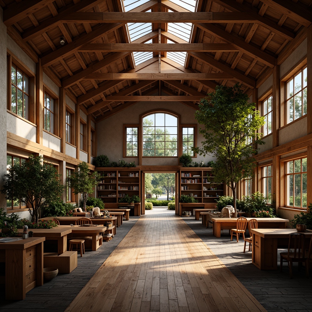 Prompt: Rustic barn-style academic building, wooden beams, natural stone walls, large windows, skylights, clerestory windows, soft warm lighting, ambient occlusion, realistic textures, cozy reading nooks, wooden desks, vintage chairs, bookshelves, greenery, potted plants, warm color palette, earthy tones, traditional architecture, rustic charm, serene atmosphere, shallow depth of field, 3/4 composition, panoramic view.