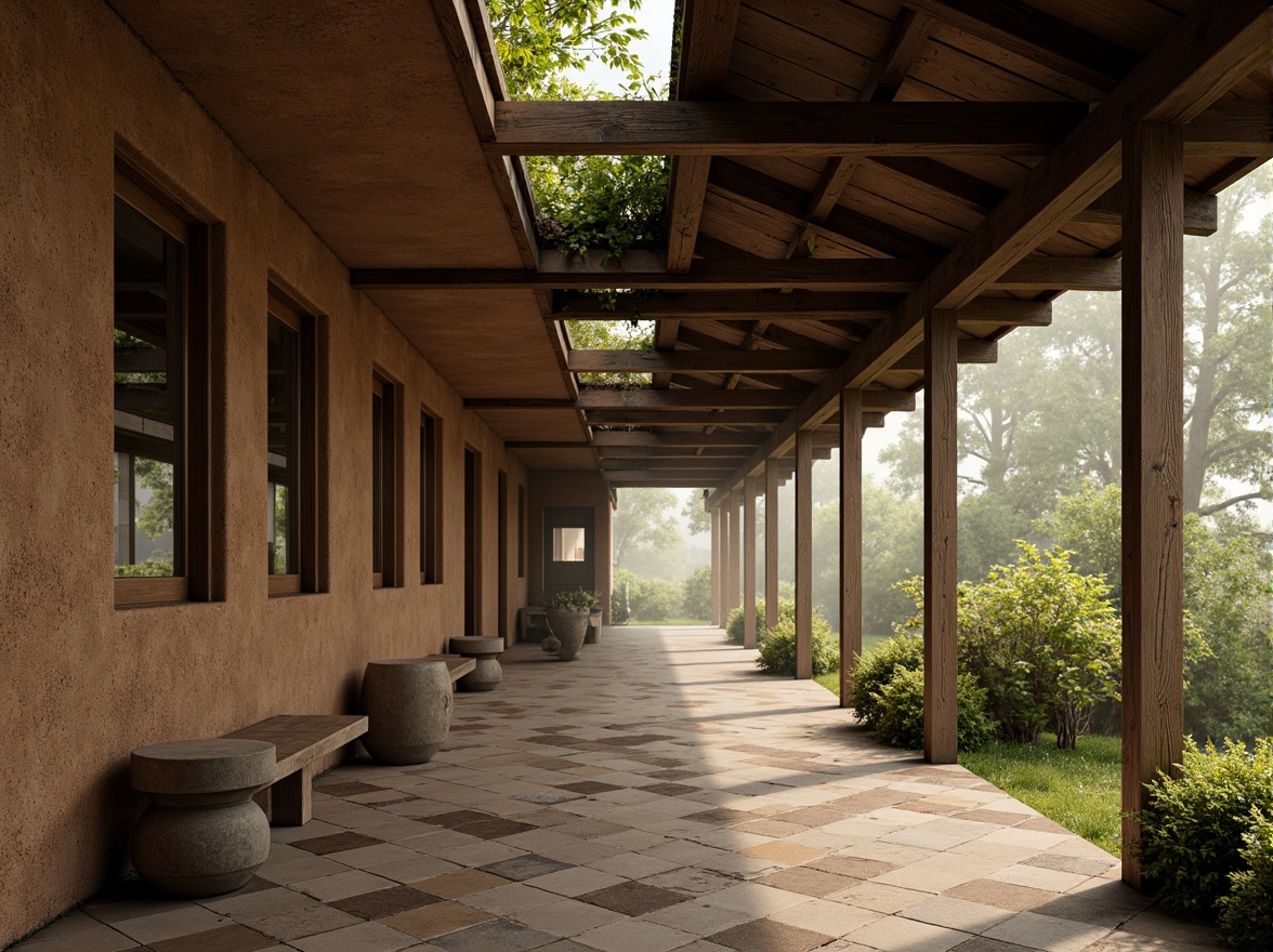 Prompt: Earthy bus station, rugged mud walls, coarse texture, natural stone floors, wooden beams, rustic metal accents, moss-covered roofs, overhanging eaves, organic shapes, soft warm lighting, misty atmosphere, shallow depth of field, 2/3 composition, realistic textures, ambient occlusion.