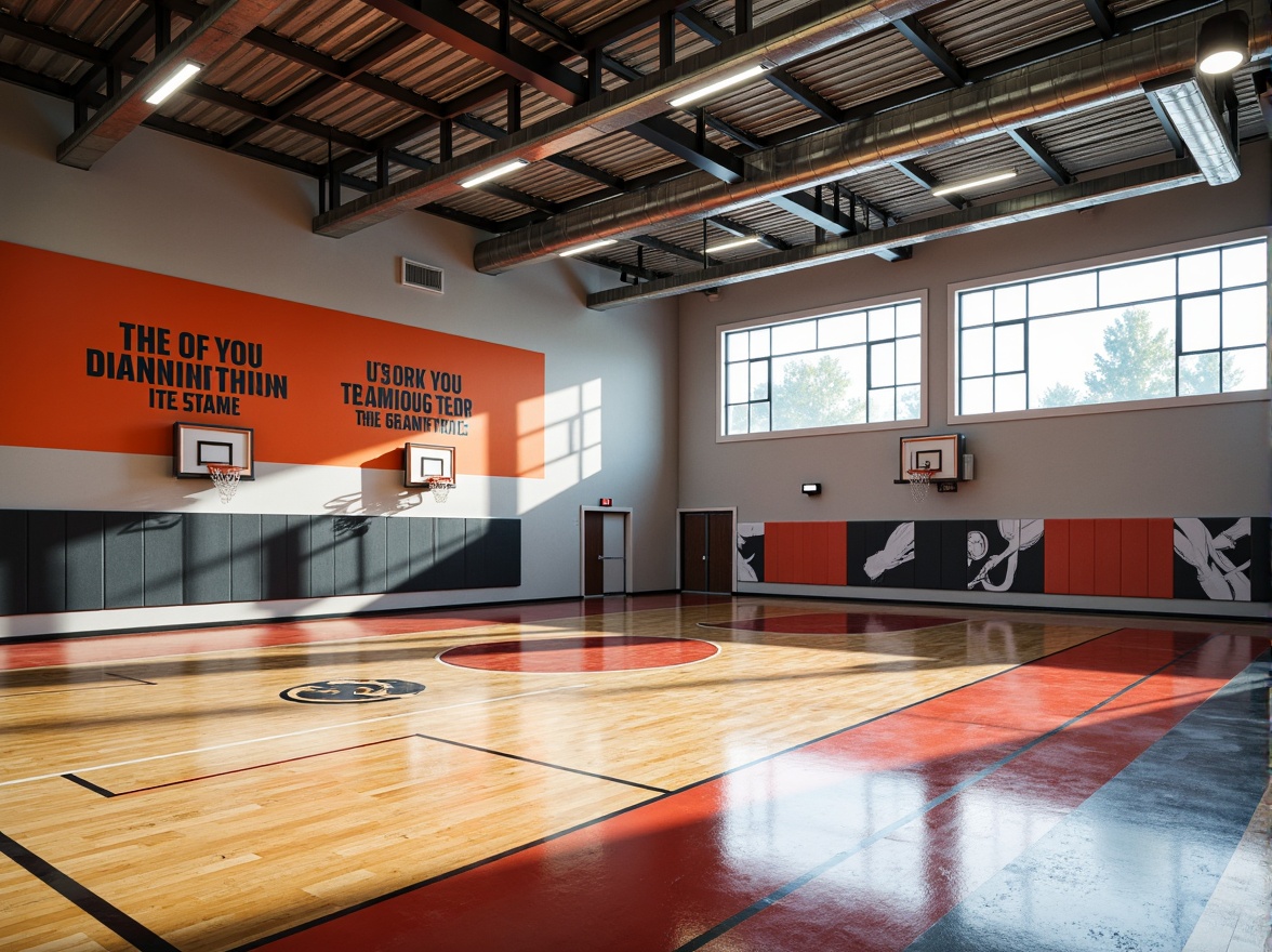 Prompt: Modern gymnasium interior, polished wooden floors, wall-mounted basketball hoops, vibrant team colors, motivational quotes, sleek metal beams, exposed ductwork, industrial-style lighting fixtures, rubber athletic flooring, mirrored walls, floor-to-ceiling windows, natural daylight, soft ambient lighting, 1/1 composition, realistic textures, subtle shading, athletic equipment displays, sports-themed murals, bold typography, dynamic color schemes.