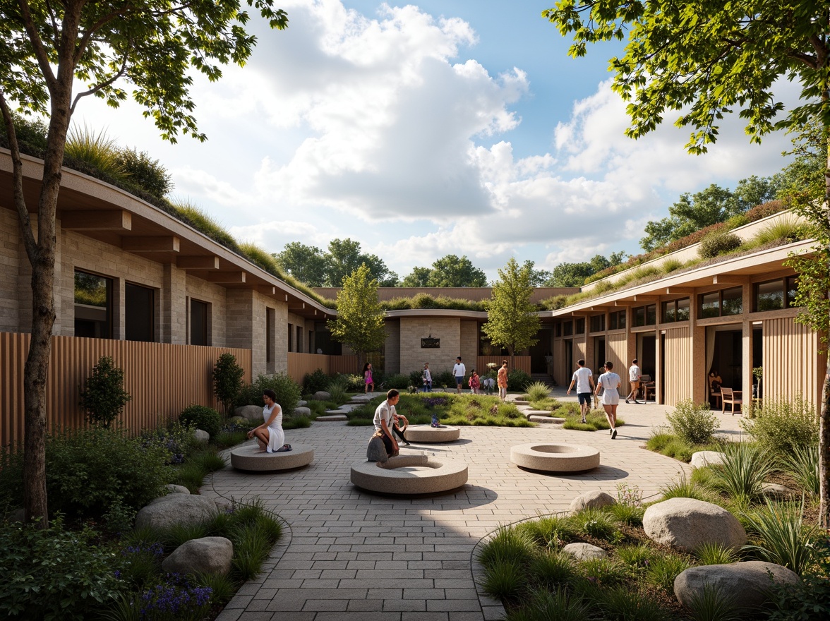 Prompt: Community center courtyard, natural stone walls, living green roofs, organic architecture, curved lines, earthy tones, wooden accents, recycled materials, rainwater harvesting systems, native plant species, wildflowers, meandering pathways, rustic benches, outdoor amphitheater, soft warm lighting, shallow depth of field, 1/2 composition, atmospheric perspective, realistic textures, ambient occlusion.