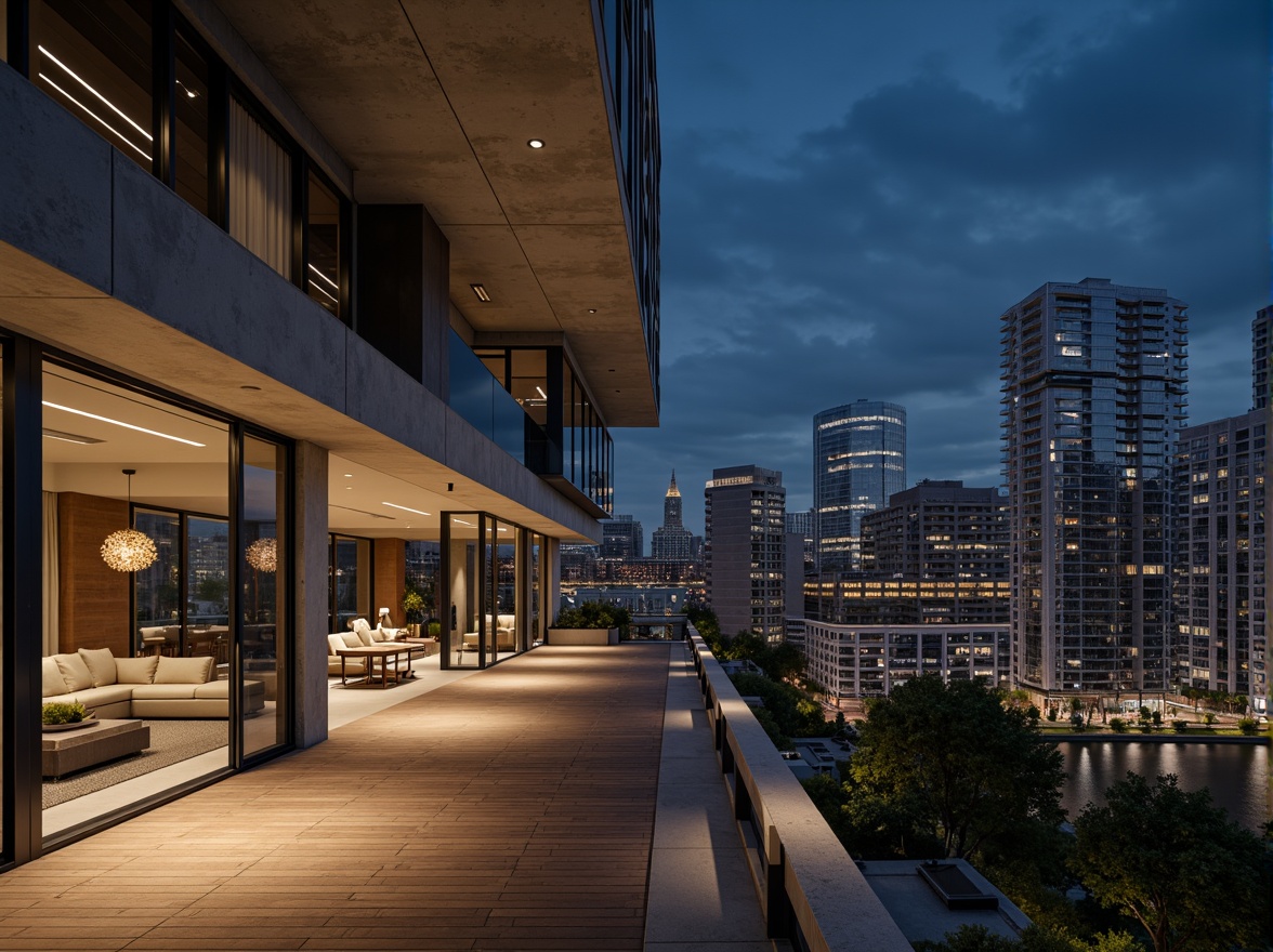 Prompt: Luxurious penthouse, sleek modern facade, cantilevered balconies, floor-to-ceiling windows, sliding glass doors, polished chrome accents, geometric concrete patterns, brutalist architecture, industrial chic interiors, reclaimed wood flooring, exposed ductwork, minimalist decor, urban cityscape views, dramatic nighttime lighting, shallow depth of field, 1/1 composition, cinematic atmosphere, high-contrast shadows, ambient occlusion.