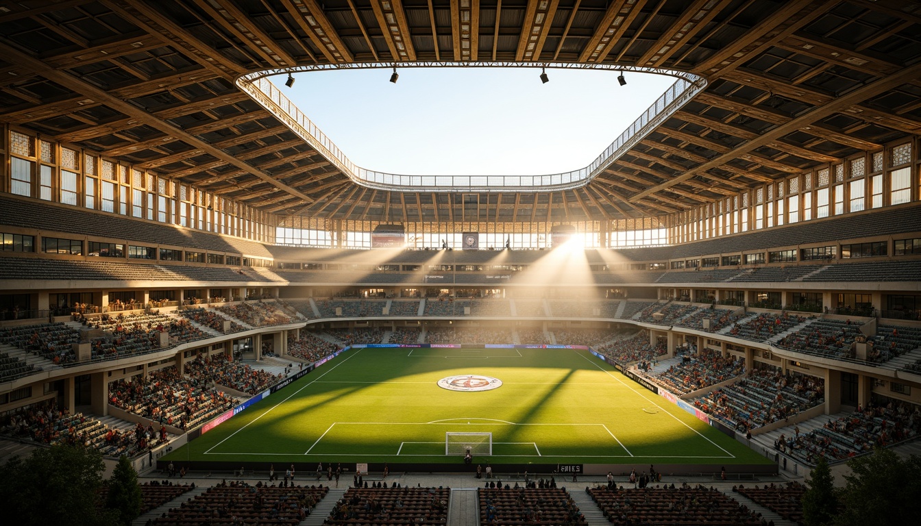 Prompt: Grandiose Gothic soccer stadium, intricate stone carvings, vaulted ceilings, ribbed arches, stained glass windows, ornate steel beams, dramatic lighting effects, elevated seating areas, lush green roofs, undulating rooflines, curved facades, modern truss systems, cantilevered canopies, angular support columns, industrial metal textures, atmospheric misting systems, warm golden lighting, 1/1 composition, wide-angle lens, shallow depth of field.