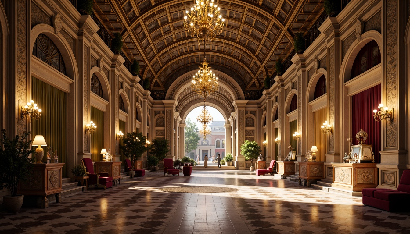 Prompt: Grandiose entrance hall, ornate chandeliers, golden accents, intricate mosaics, vaulted ceilings, marble floors, ornamental arches, plush velvet furnishings, rich tapestries, sacred relics, grand staircases, majestic domes, warm ambient lighting, soft shadows, 1/1 composition, symmetrical framing, realistic textures, subtle animations.