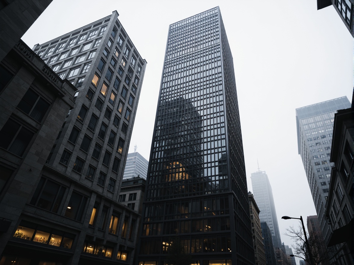 Prompt: Monochromatic skyscraper, sleek metallic fa\u00e7ade, bold geometric patterns, minimalist window frames, urban cityscape, concrete foundation, steel beams, industrial materials, brutalist architecture, moody atmospheric lighting, foggy misty morning, low-angle shot, dramatic shadows, 1-point perspective composition, cinematic mood, realistic reflections, ambient occlusion.