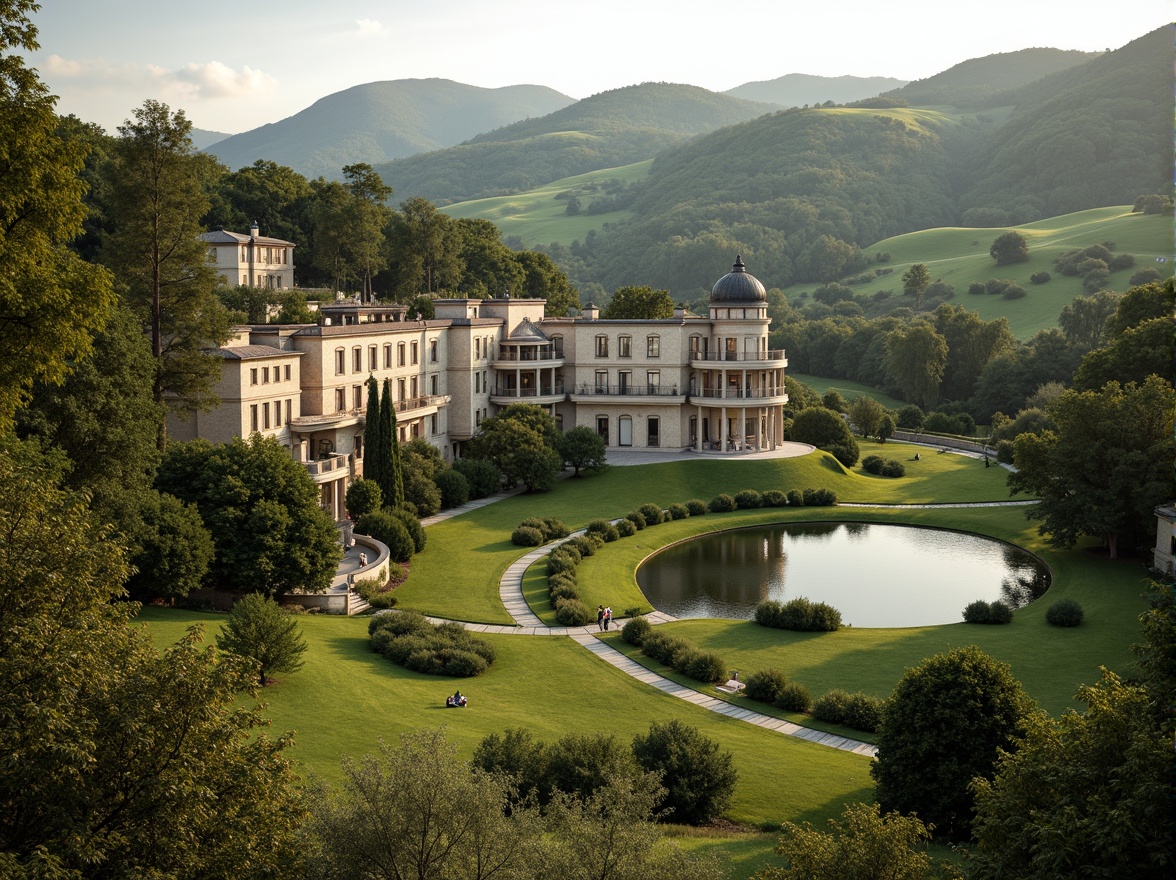 Prompt: Rolling hills, lush greenery, serene lake, walking trails, classical villa, symmetrical facade, ornate balconies, grand entrance, rusticated stone walls, Tuscan columns, arched windows, soft warm lighting, shallow depth of field, 1/1 composition, panoramic view, realistic textures, ambient occlusion.