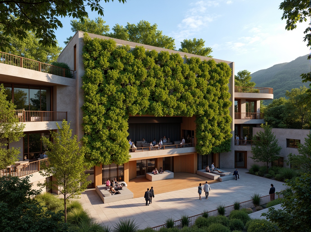 Prompt: Vibrant theater facade, lush green walls, living plants, natural stone cladding, wooden accents, modern architecture, large windows, glass doors, cantilevered balconies, outdoor performance spaces, amphitheater seating, scenic views, sunny day, soft warm lighting, shallow depth of field, 3/4 composition, panoramic view, realistic textures, ambient occlusion.