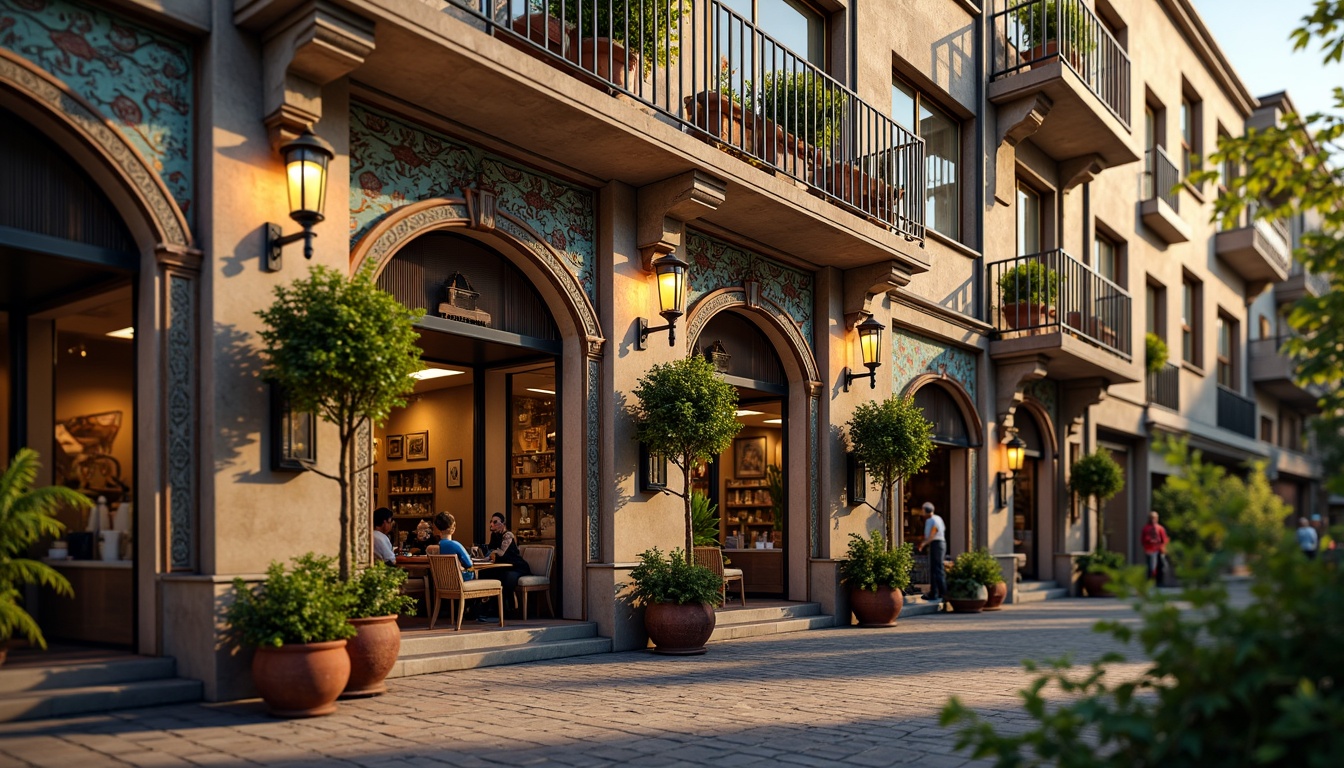 Prompt: Renaissance market facade, ornate stone carvings, grand arched windows, intricately patterned brickwork, rusticated quoins, ornamental ironwork, balconies with filigree details, vibrant frescoes, colorful glazed tiles, lantern-inspired streetlights, cobblestone pavement, lively marketplace atmosphere, warm golden lighting, shallow depth of field, 1/2 composition, realistic textures, ambient occlusion.