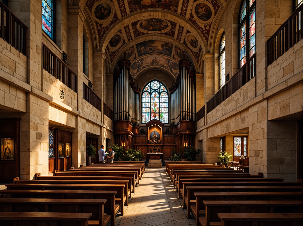 Prompt: Ancient stone walls, stained glass windows, grandiose vaulted ceilings, ornate wooden pews, intricate carvings, sacred symbols, majestic pipe organs, vibrant frescoes, solemn atmosphere, warm golden lighting, dramatic shadows, high contrast ratio, cinematic composition, symmetrical framing, rustic textures, weathered stones, mystical ambiance, ethereal quality.