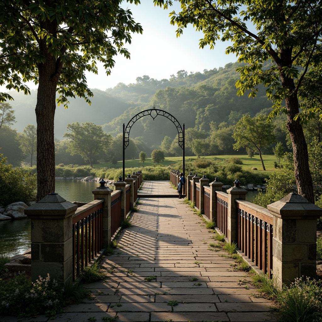 Prompt: Rustic countryside, rolling hills, serene riverbanks, ornate Art Nouveau bridges, curved metal railings, intricate stonework, moss-covered arches, weathered wooden planks, worn stone pavers, distressed iron lanterns, verdant foliage, overhanging trees, soft diffused lighting, warm golden hour, shallow depth of field, 1/2 composition, natural textures, ambient occlusion.