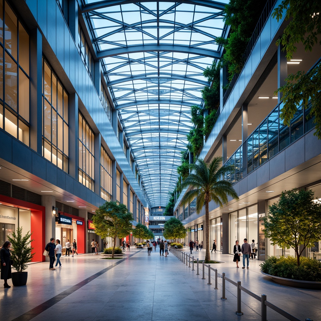 Prompt: Modern transportation hub, sleek metal and glass fa\u00e7ade, minimalist design, spacious open concourse, high ceilings, natural light, efficient passenger flow, intuitive wayfinding, vibrant color scheme, futuristic LED lighting, geometric patterns, stainless steel accents, polished marble floors, lush greenery, tropical plants, airy atmosphere, warm ambient lighting, shallow depth of field, 3/4 composition, panoramic view, realistic textures, ambient occlusion.