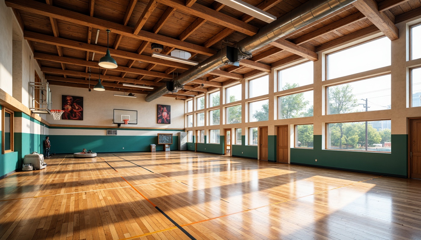 Prompt: Vibrant gymnasium interior, polished wooden floors, basketball hoops, sports equipment, athletic tracks, motivational posters, modern architectural design, high ceilings, large windows, natural light, soft warm lighting, shallow depth of field, 3/4 composition, panoramic view, realistic textures, ambient occlusion.