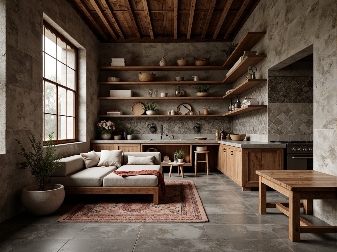 Prompt: Rustic wooden planks, weathered stone walls, distressed metal panels, ornate ceramic tiles, tactile fabric upholstery, intricate woven baskets, rough-hewn granite countertops, reclaimed wood accents, industrial concrete floors, modern minimalist decor, ambient soft lighting, shallow depth of field, 1/1 composition, realistic textures, subtle normal mapping.