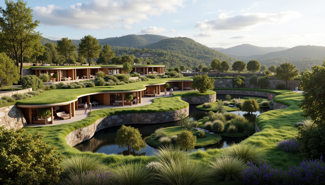 Prompt: Harmonious landscape integration, curved building lines, lush green roofs, native plant species, natural stone walls, wooden accents, earthy color palette, organic architecture forms, cantilevered structures, seamless transitions, blurred boundaries, serene ambiance, soft diffused lighting, 1/1 composition, panoramic view, realistic textures, ambient occlusion.