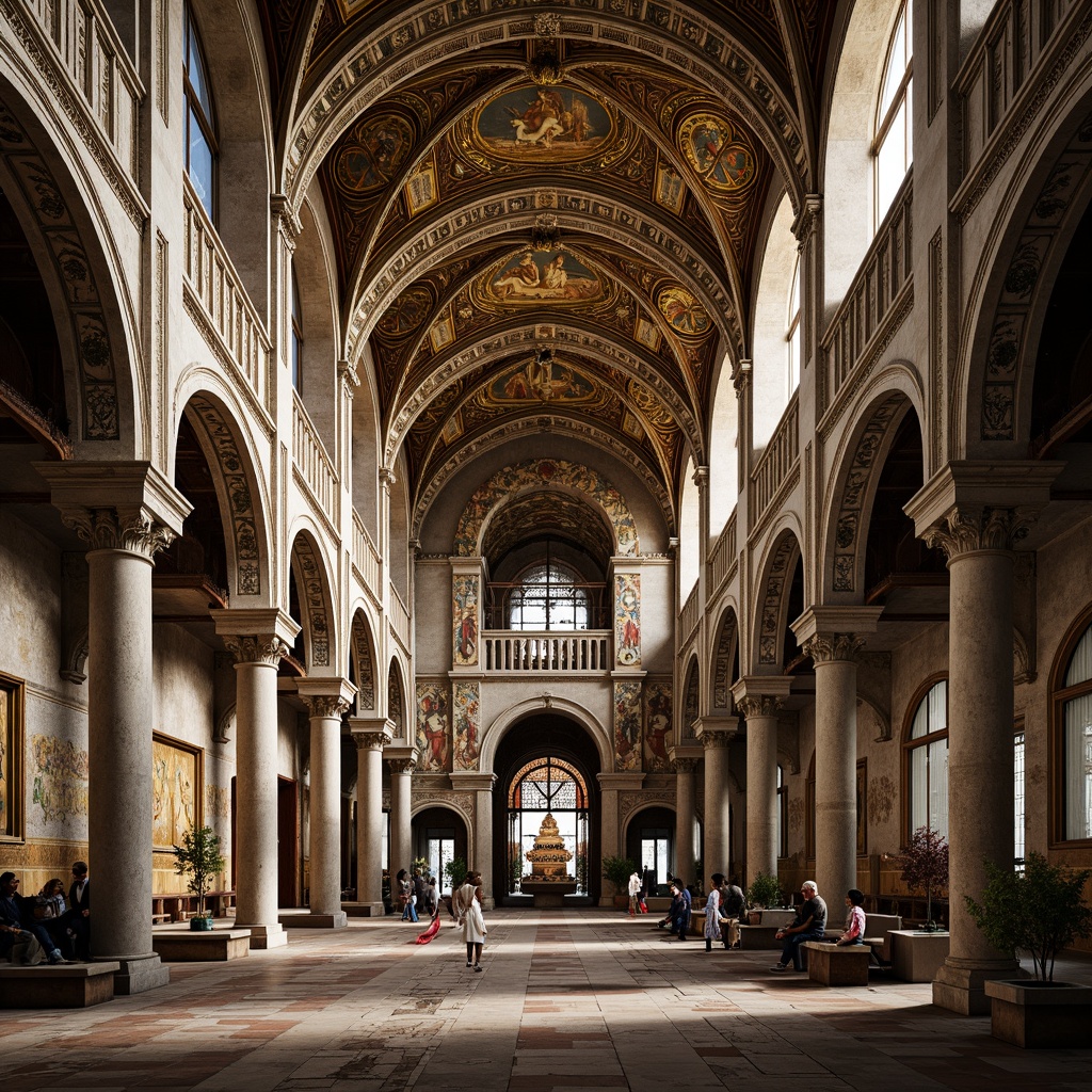 Prompt: Majestic Byzantine-style cathedral, intricate stone carvings, ornate golden mosaics, lavish marble floors, richly patterned textiles, vibrant fresco paintings, ornamental arches, grand domed ceilings, rustic wooden accents, ancient weathered stones, subtle natural lighting, dramatic chiaroscuro, 1/1 composition, realistic ambient occlusion, detailed normal maps.