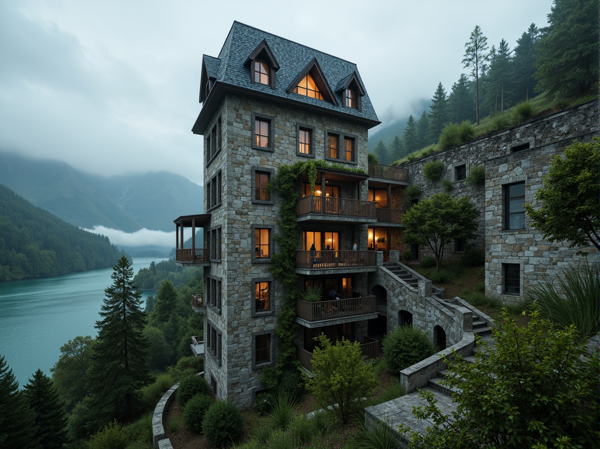 Prompt: Majestic watchtower, rugged stone walls, verdant ivy climbing, wooden observation decks, panoramic views, misty mountains, serene lakeside, lush green forests, rolling hills, winding staircases, lantern-style lighting, medieval-inspired architecture, distressed wood textures, mysterious foggy atmosphere, warm golden hour, shallow depth of field, 1/2 composition, cinematic framing, realistic vegetation, ambient occlusion.