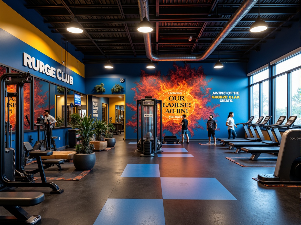 Prompt: Vibrant fitness club, energetic atmosphere, bold color scheme, deep blues, fiery oranges, electric yellows, motivational quotes, modern equipment, sleek machines, rubber flooring, mirrored walls, high ceilings, natural light, dynamic lighting, 3/4 composition, shallow depth of field, realistic textures.