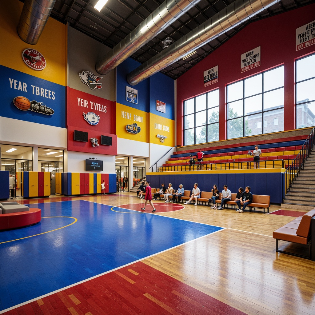 Prompt: Vibrant gymnasium interior, bold color schemes, dynamic textile patterns, sports-themed murals, athletic equipment displays, flexible seating areas, durable flooring materials, acoustic paneling, natural light influx, clerestory windows, exposed ductwork, industrial-style lighting fixtures, motivational quotes, athletic-inspired sculptures, stadium-style seating, sound-absorbing textiles, shock-absorbing flooring, safety-conscious design elements, ergonomic furniture, state-of-the-art fitness equipment, panoramic view, shallow depth of field, 3/4 composition.