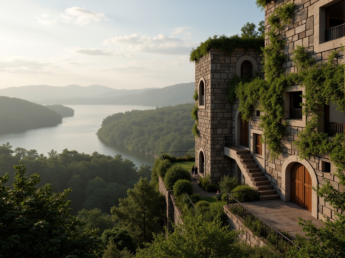 Prompt: Majestic watchtower, rugged stone walls, verdant ivy climbing, winding staircases, panoramic views, rustic wooden doors, lantern-style lighting, natural blend with surroundings, rolling hills, lush forests, serene lakeside, misty morning atmosphere, soft warm sunlight, shallow depth of field, 3/4 composition, atmospheric perspective, realistic textures, ambient occlusion.