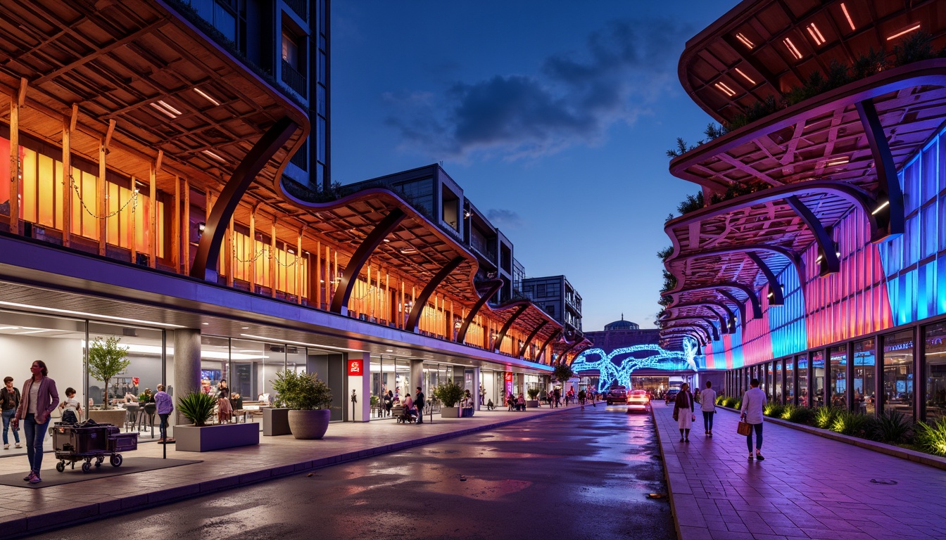 Prompt: Vibrant bus station, curved futuristic lines, bold dynamic shapes, neon light installations, abstract sculptures, irregular patterns, metallic materials, glass fa\u00e7ades, cantilevered roofs, dramatic shadows, intense contrasts, cinematic lighting, 3/4 composition, panoramic view, realistic reflections, ambient occlusion.