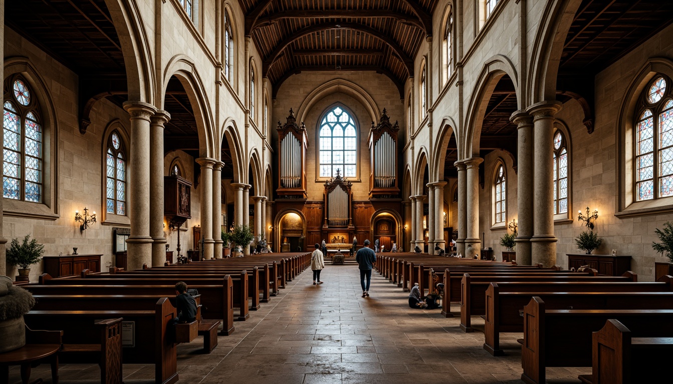 Prompt: Historic stone churches, ornate Gothic facades, stained glass windows, vaulted ceilings, intricately carved wooden pews, rustic brick walls, grandiose pipe organs, ornamental metalwork, majestic bell towers, serene interior ambiance, warm soft lighting, dramatic archways, symmetrical composition, high-angle shots, realistic textures, subtle color grading.