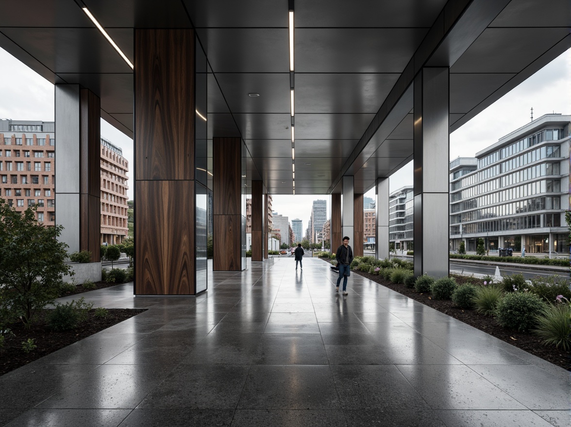 Prompt: Polished steel surfaces, reflective glass fa\u00e7ades, concrete brutalist textures, industrial metal beams, reclaimed wood accents, minimalist stone walls, sleek aluminum frames, geometric patterned tiles, modern LED lighting, urban cityscape backdrop, cloudy grey sky, dramatic shading, high contrast ratio, 1/1 composition, realistic reflections, ambient occlusion.