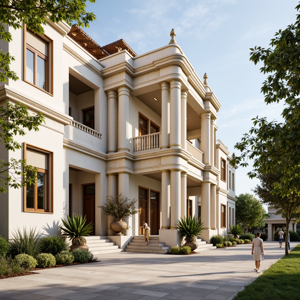 Prompt: Elegant neoclassical facade, creamy white marble, soft beige stone, richly ornamented columns, ornate moldings, subtle golden accents, muted earth tones, terracotta roof tiles, weathered copper details, grand entranceways, symmetrical composition, warm afternoon sunlight, soft shadows, shallow depth of field, 1/2 composition, realistic textures, ambient occlusion.