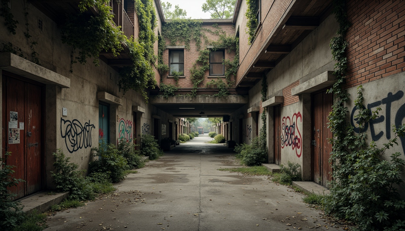 Prompt: Weathered stone walls, rustic brick facades, rough-hewn wooden planks, distressed metal panels, peeling paint effects, worn concrete floors, faded graffiti murals, ivy-covered structures, mysterious abandoned buildings, overcast skies, soft diffused lighting, atmospheric perspective, 1/2 composition, cinematic mood, gritty realistic textures, advanced normal mapping.