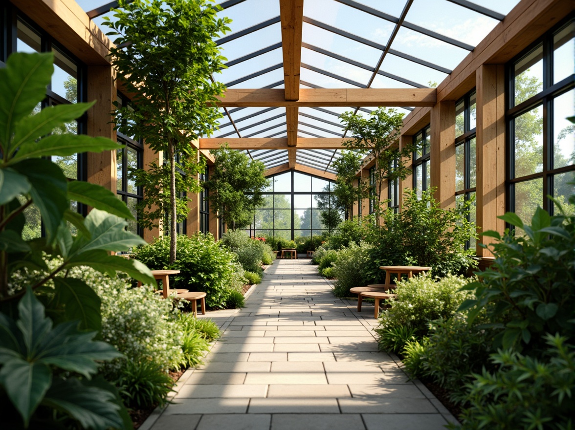 Prompt: Vibrant greenhouse interior, lush greenery, exotic plants, natural stone flooring, wooden trellises, glass roofs, clerestory windows, vertical farming systems, hydroponic gardens, misting systems, warm sunny day, soft diffused lighting, shallow depth of field, 1/2 composition, realistic textures, ambient occlusion.