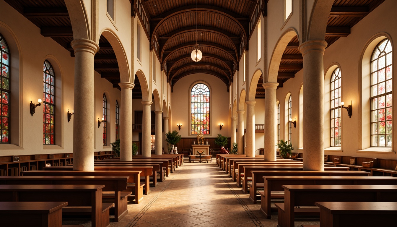 Prompt: Serene church interior, warm beige walls, rich wood tones, stained glass windows, vibrant red accents, soft golden lighting, elegant archways, intricate stone carvings, ornate metalwork, peaceful atmosphere, calm natural colors, earthy brown floors, cream-colored pews, subtle texture variations, realistic material details, warm candlelight, 1/1 composition, intimate perspective, ambient occlusion.