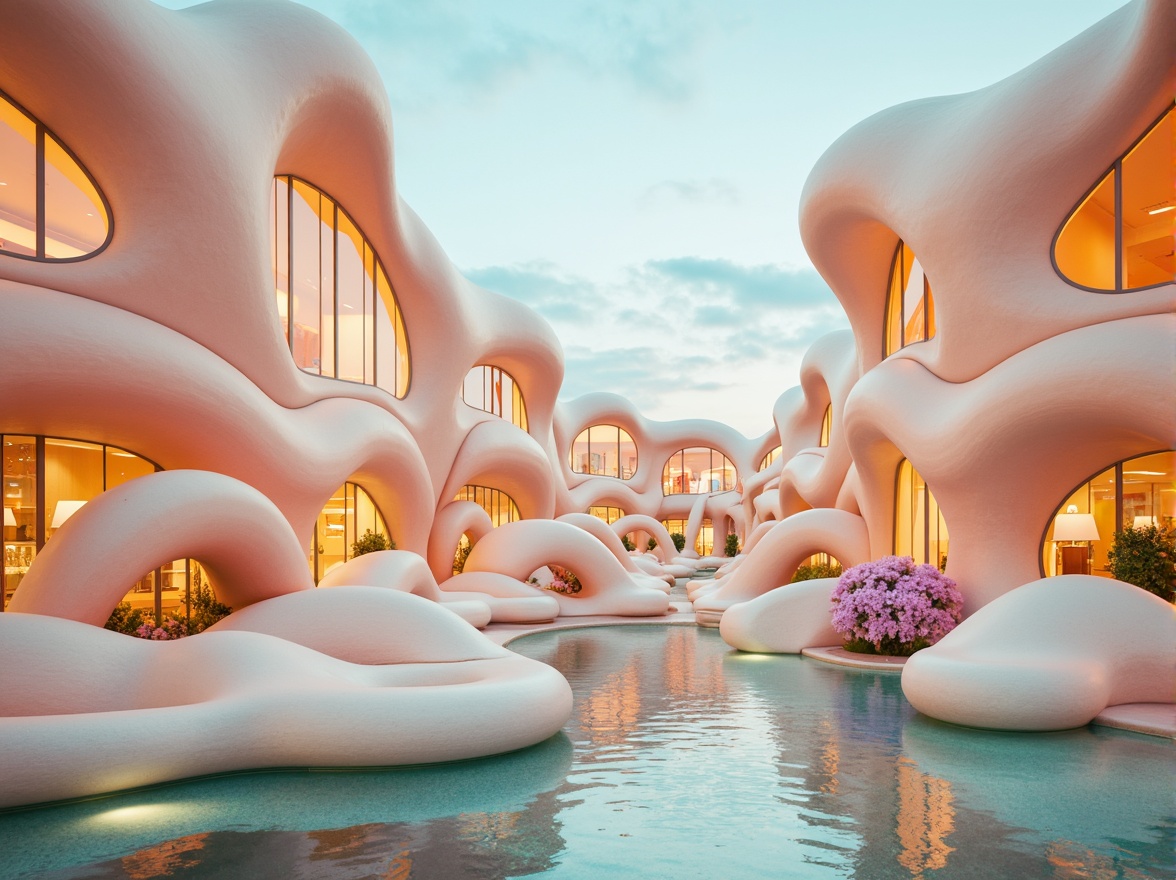 Prompt: Vibrant blob-like structures, pastel hues, soft peach tones, creamy whites, iridescent blues, neon green accents, glowing orange highlights, translucent glass surfaces, metallic silver reflections, futuristic architecture, undulating curves, organic shapes, fluid forms, whimsical details, dreamy ambiance, soft focus, shallow depth of field, 1/2 composition, cinematic lighting, misty atmosphere, ethereal textures.