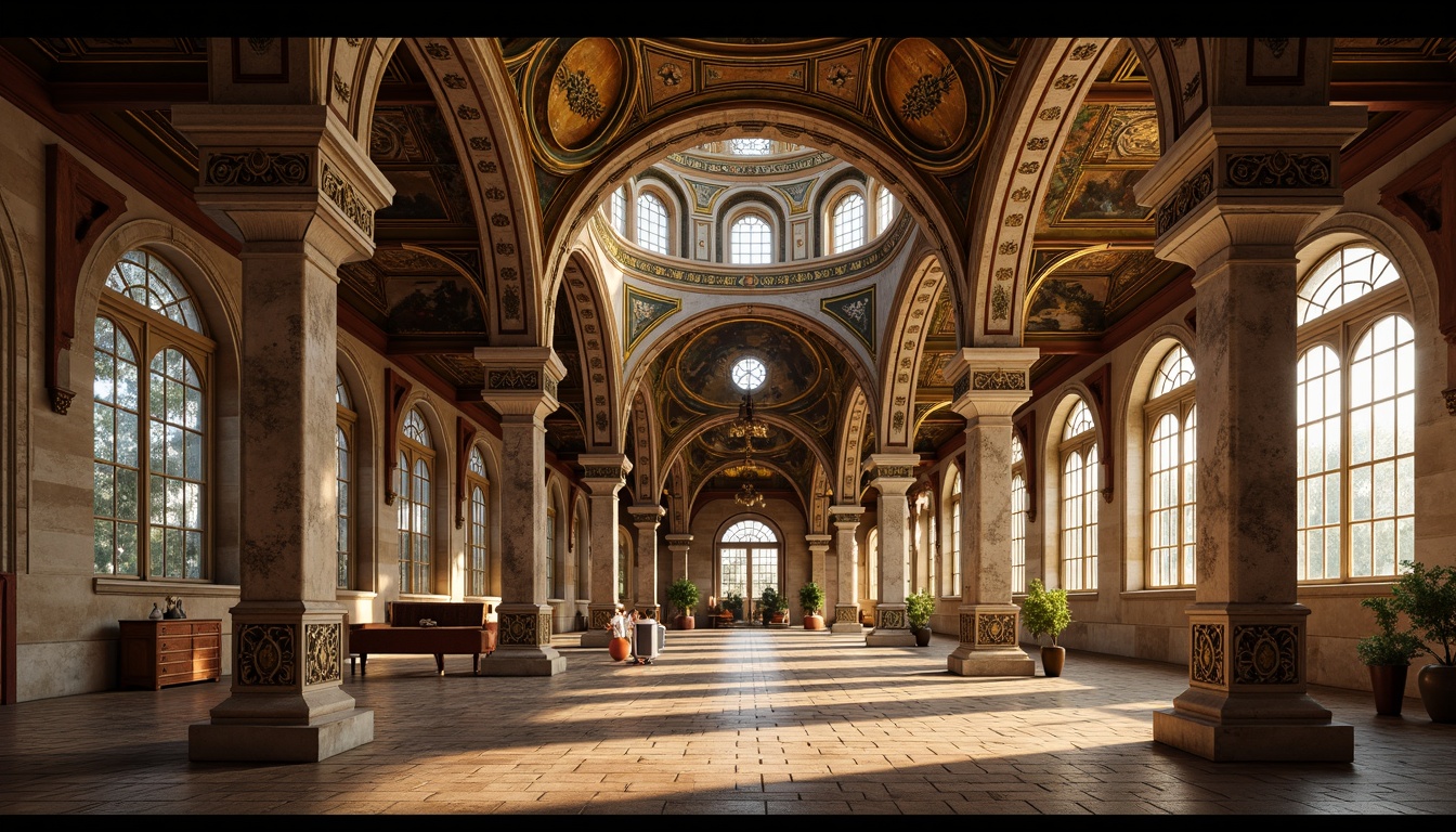 Prompt: Intricate stone carvings, ornate arches, grand domes, vibrant mosaics, golden accents, elaborate frescoes, majestic columns, ornamental capitals, rustic brickwork, weathered stonework, aged copper details, mystical ambiance, warm golden lighting, soft focus, 1/1 composition, realistic textures, ambient occlusion.