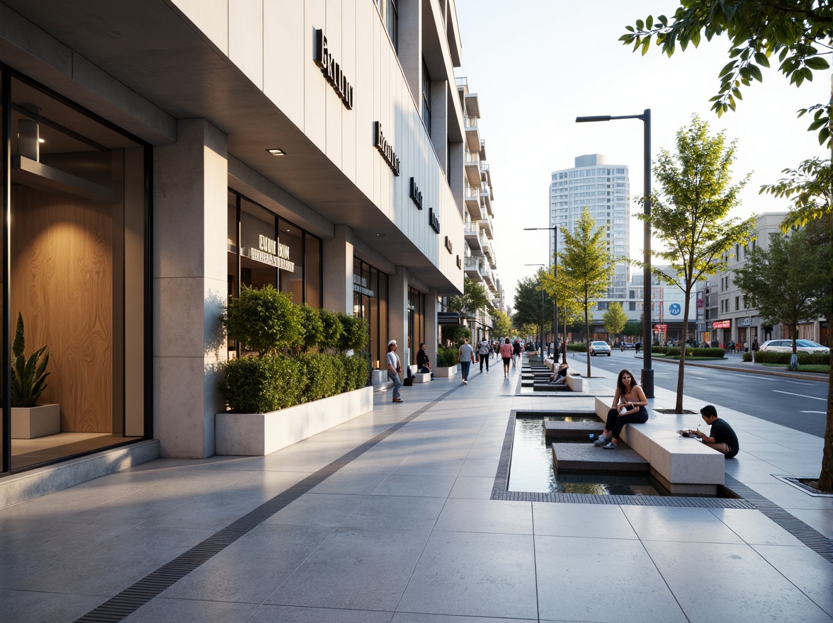 Prompt: Simple shopping center facade, clean lines, neutral tones, abundant natural light, industrial chic materials, polished concrete floors, sparse greenery, potted plants, geometric water features, minimalist benches, modern street lamps, urban cityscape, busy streets, gentle breeze, soft afternoon lighting, shallow depth of field, 1/1 composition, realistic textures, ambient occlusion.