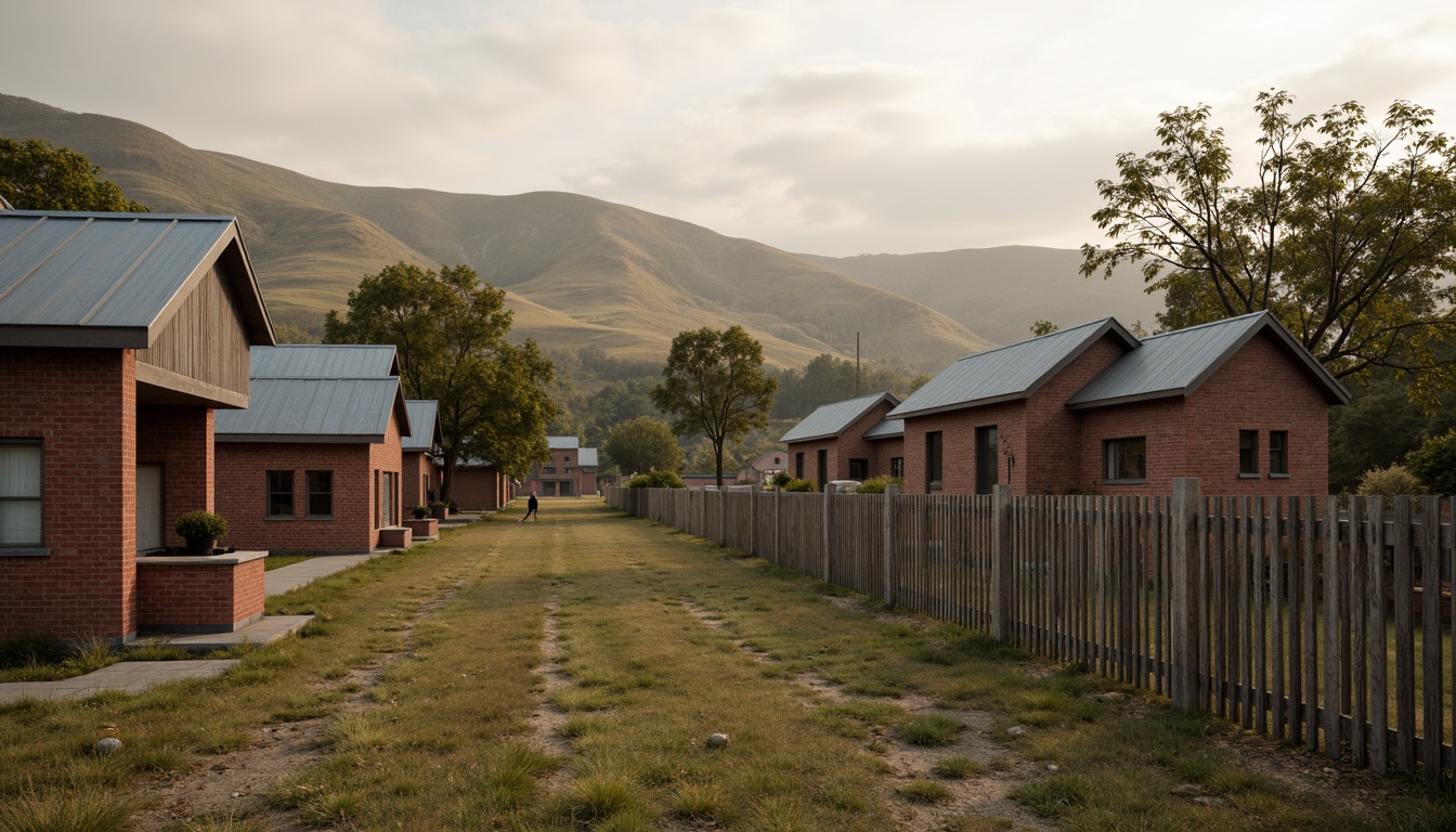 Prompt: Rustic rural landscape, rolling hills, wooden fences, vintage barns, natural stone foundations, earthy red brick buildings, weathered metal roofs, distressed wood accents, muted greenery, soft warm lighting, overcast sky, gentle mist, 3/4 composition, natural textures, subtle color gradations.