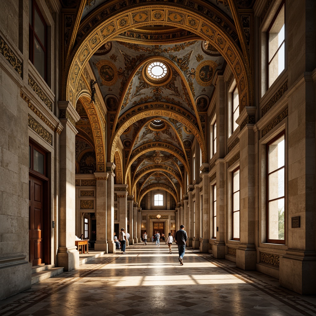 Prompt: Intricate arches, ornate carvings, golden mosaics, grand domes, majestic columns, ornamental capitals, richly patterned floors, vaulted ceilings, Byzantine-inspired motifs, ancient stone walls, rustic textures, warm ambient lighting, soft shadows, 3/4 composition, symmetrical framing, dramatic depth of field, realistic renderings.