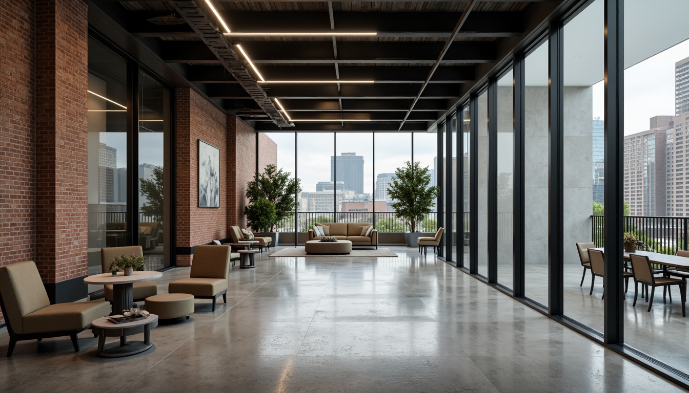 Prompt: Polished concrete floors, exposed brick walls, steel beams, glass facades, minimalist decor, clean lines, geometric shapes, industrial chic aesthetic, reclaimed wood accents, matte black metal frames, frosted glass partitions, sleek LED lighting, urban cityscape background, overcast sky, shallow depth of field, 2/3 composition, cinematic atmosphere, high-contrast tones.