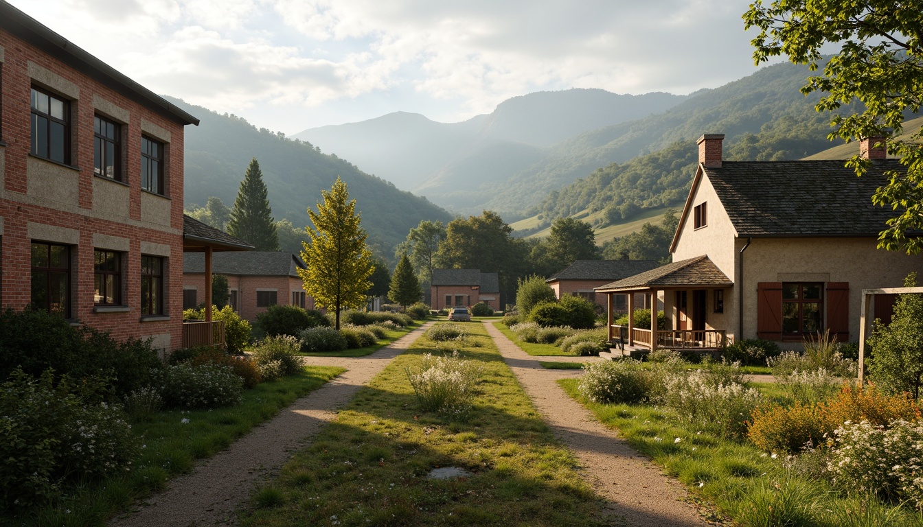 Prompt: Rustic rural landscape, rolling hills, weathered wooden fences, vintage farmhouses, earthy tone buildings, natural stone foundations, brick red accents, soft mossy roofs, overgrown wildflowers, warm sunny day, gentle cloud formations, atmospheric mist, cinematic lighting, 1/1 composition, symmetrical framing, rich textures, subtle color gradations, harmonious color palette, muted greens, weathered blues, earthy browns, creamy whites.