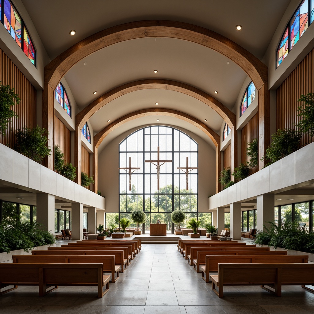 Prompt: Contemporary church interior, minimalist altar, sleek wooden pews, stained glass windows, vaulted ceilings, natural stone floors, modern crucifix, abstract religious art, subtle lighting, soft warm ambiance, shallow depth of field, 3/4 composition, panoramic view, realistic textures, ambient occlusion, open atrium, green roofs, eco-friendly materials, innovative cooling technologies, shaded outdoor spaces, misting systems, geometric patterns, vibrant colorful textiles.