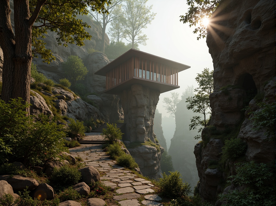 Prompt: Secluded watchtower, rugged natural surroundings, winding stone pathways, moss-covered walls, wooden observation decks, lantern-style lighting, misty morning atmosphere, soft warm sunbeams, shallow depth of field, 1/1 composition, panoramic view, realistic textures, ambient occlusion, subtle gradient skies, earthy color palette, organic architecture, curved lines, cantilevered structures, harmonious integration with nature.